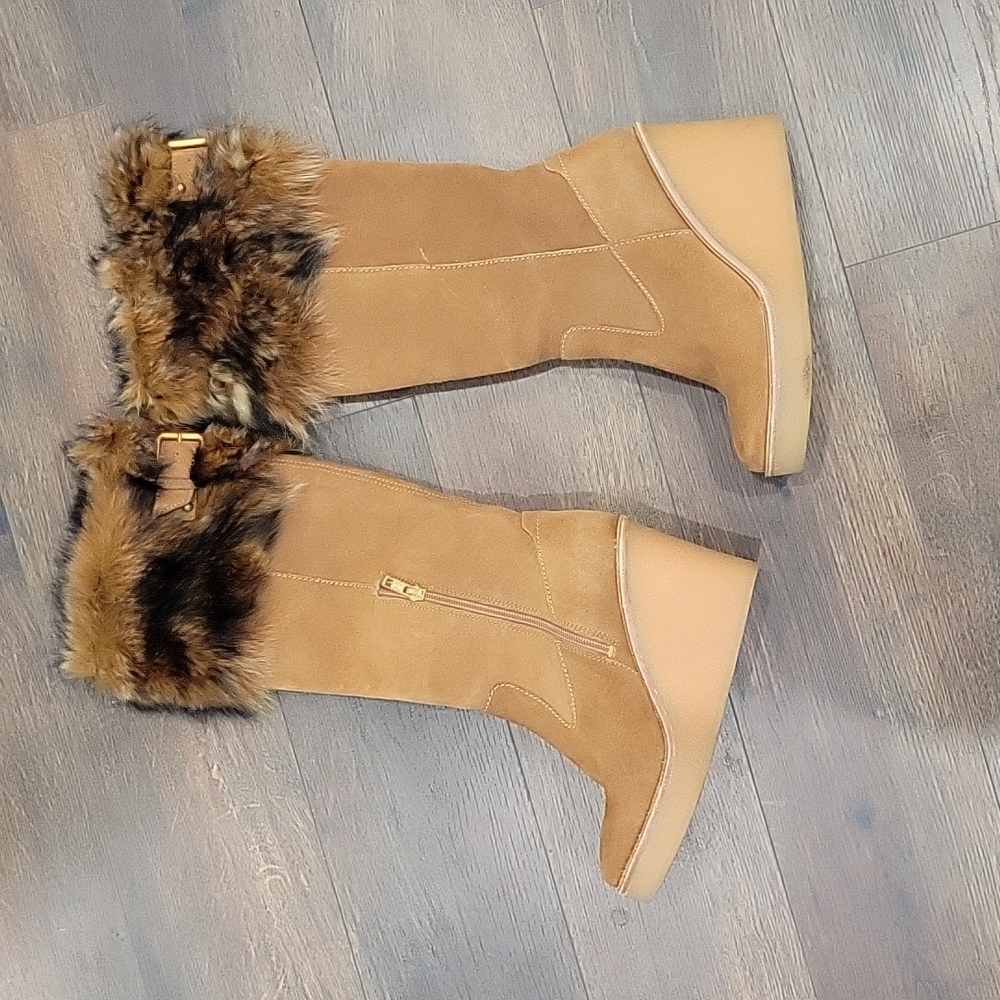 UGG Valberg Suede Real Fur Cuff Wedge Boot 6
